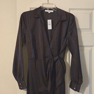 Deep brown with navy striped wrap dress below knees.